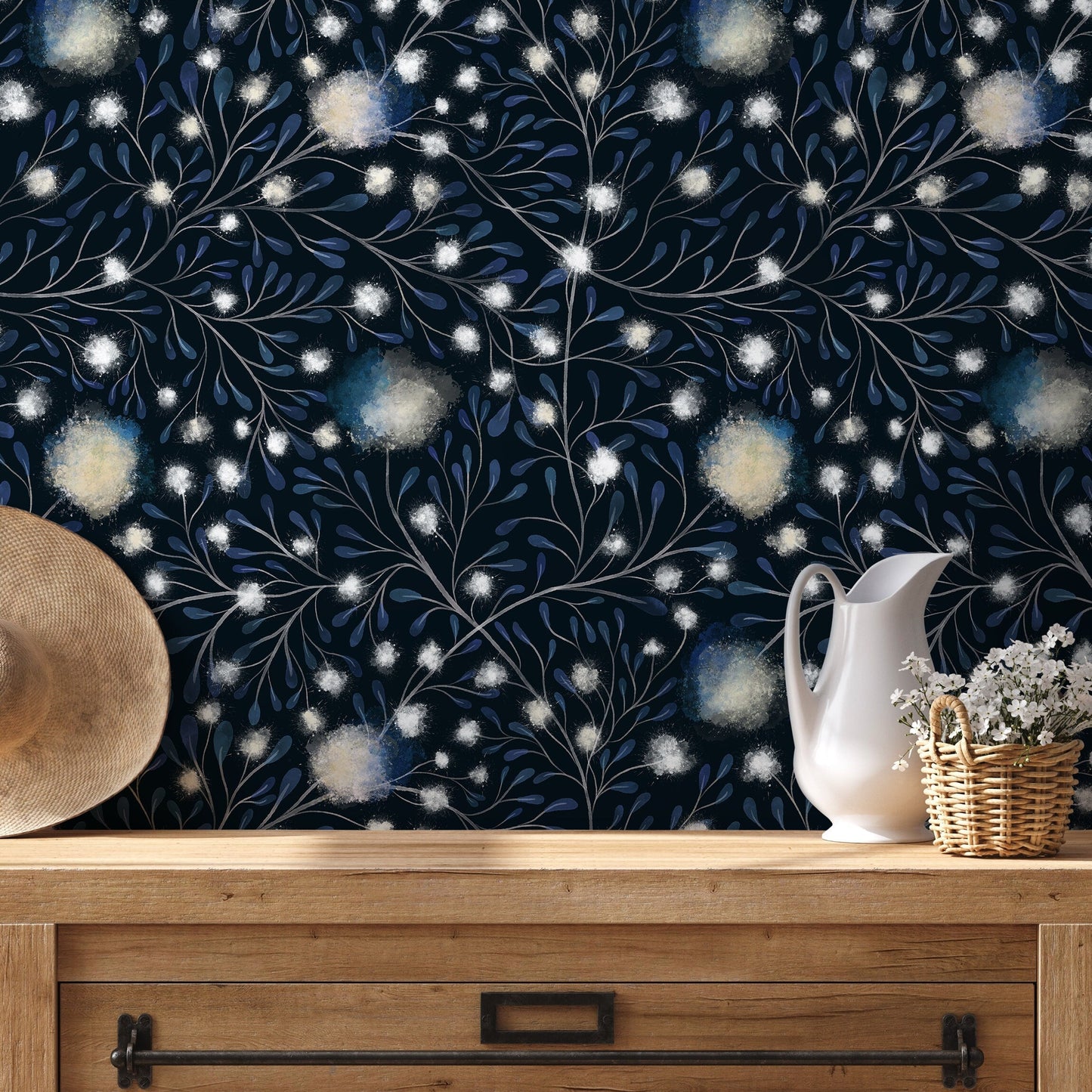 Removable Wallpaper Peel and Stick Wallpaper Wall Paper Wall / Floral Navy Wallpaper - X121
