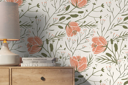Floral Scandinavian Wallpaper / Peel and Stick Wallpaper Removable Wallpaper Home Decor Wall Art Wall Decor Room Decor - D148