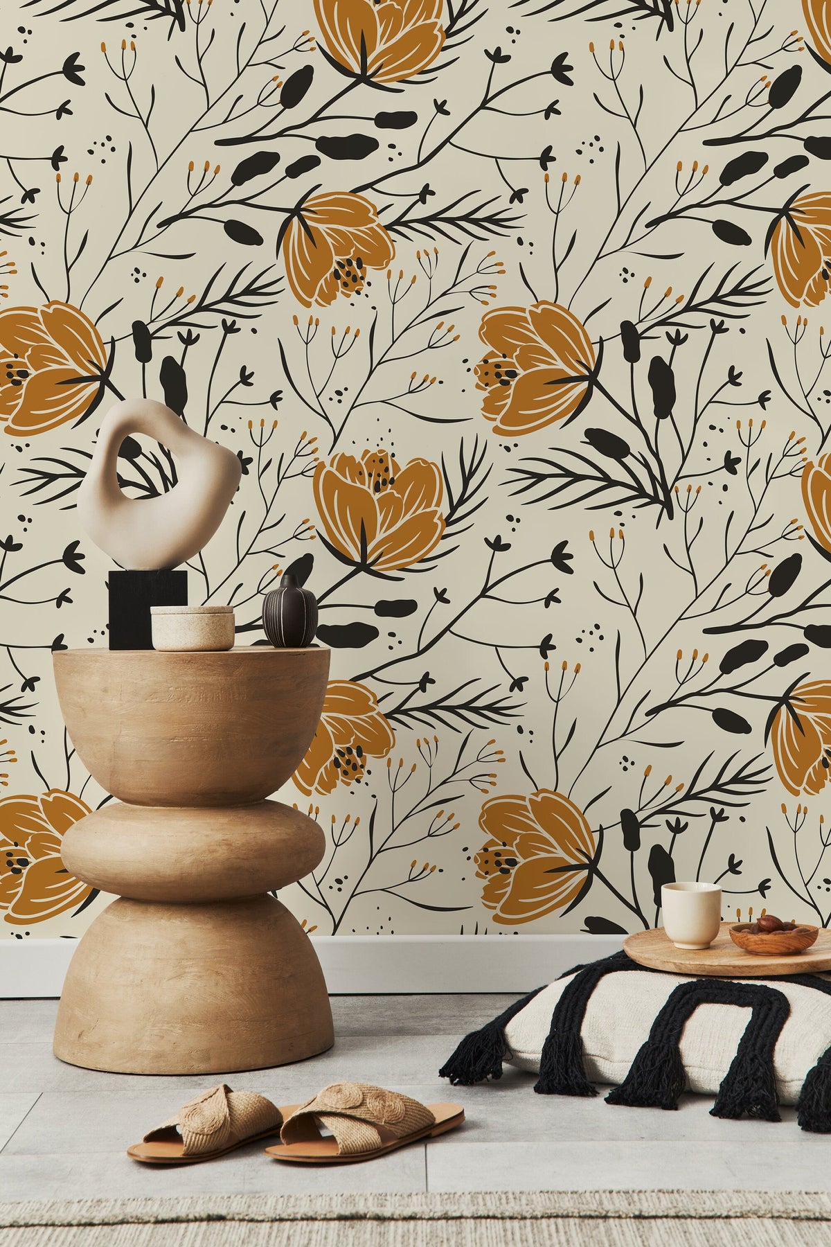 Floral Boho Wallpaper / Peel and Stick Wallpaper Removable Wallpaper Home Decor Wall Art Wall Decor Room Decor - D150