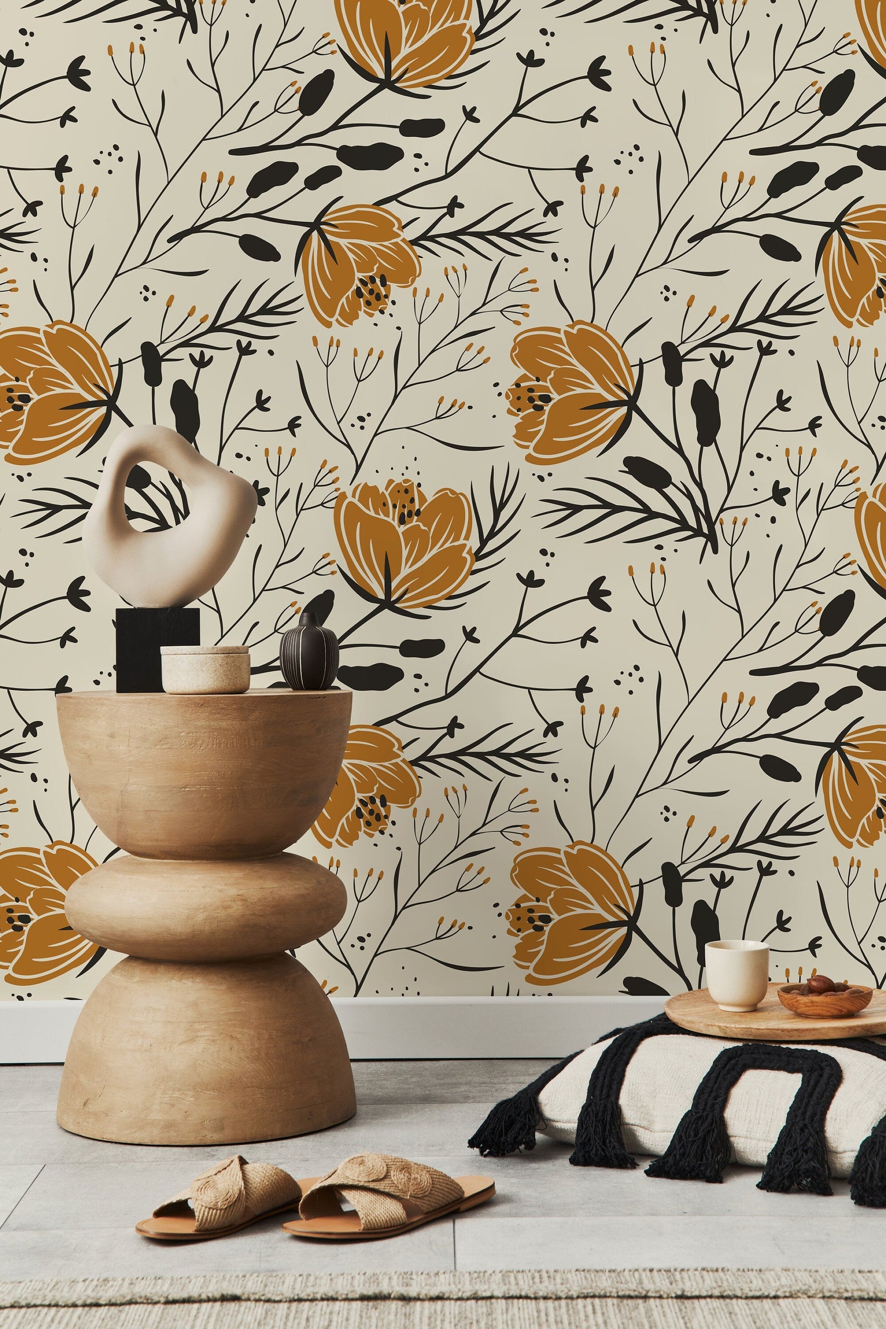 Floral Boho Wallpaper / Peel and Stick Wallpaper Removable Wallpaper Home Decor Wall Art Wall Decor Room Decor - D150