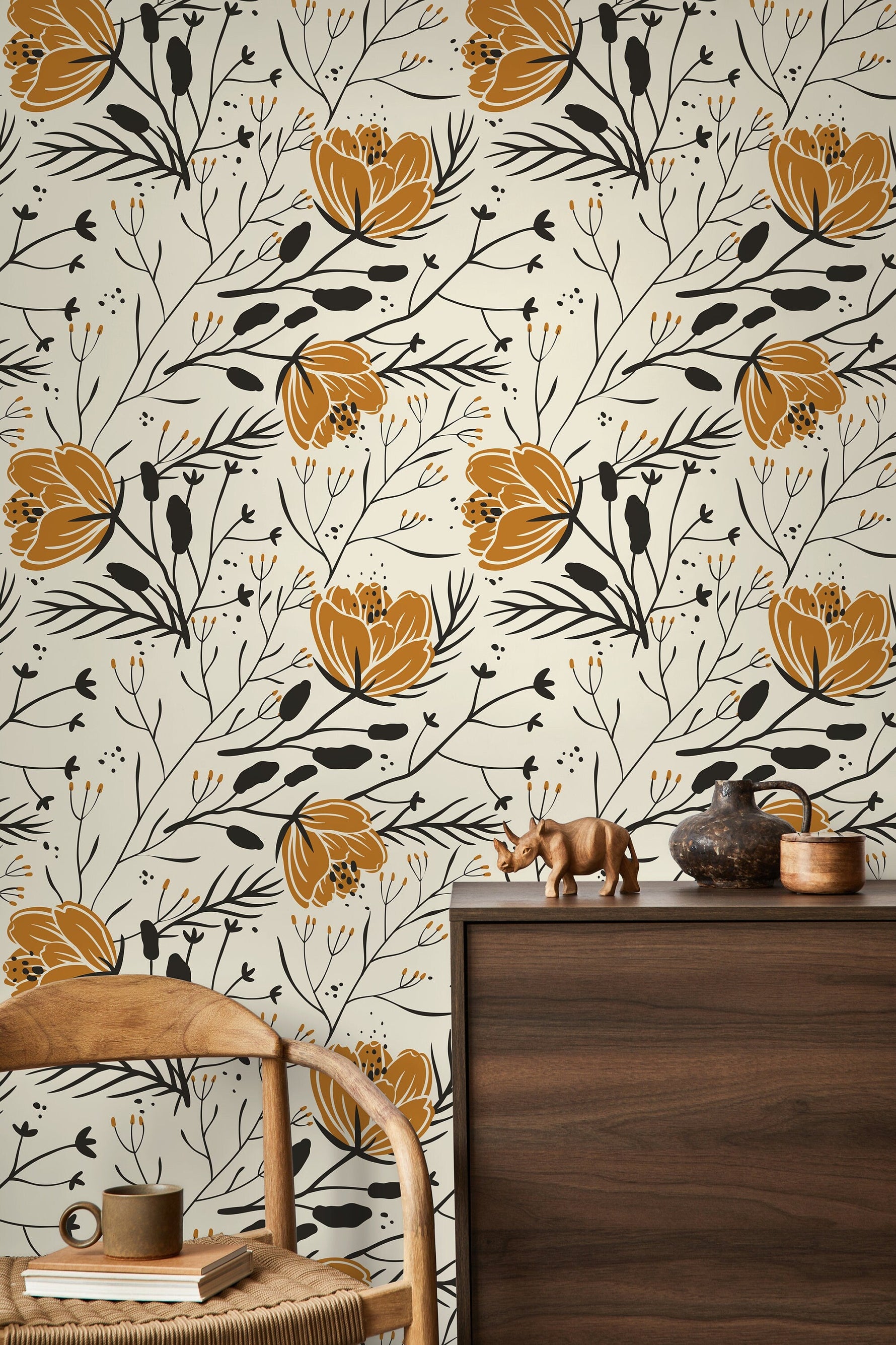 Floral Boho Wallpaper / Peel and Stick Wallpaper Removable Wallpaper Home Decor Wall Art Wall Decor Room Decor - D150