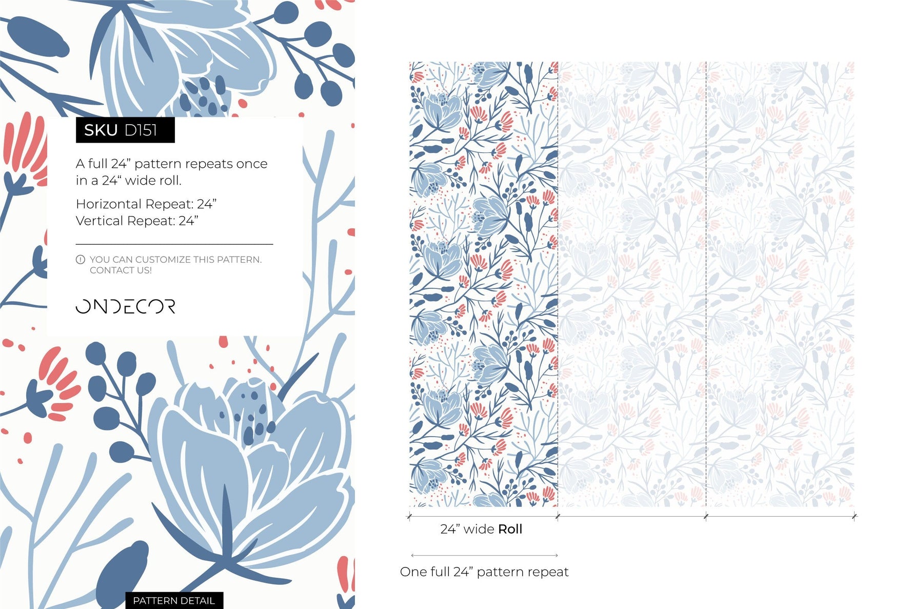 Blue Floral Scandinavian Wallpaper / Peel and Stick Wallpaper Removable Wallpaper Home Decor Wall Art Wall Decor Room Decor - D151