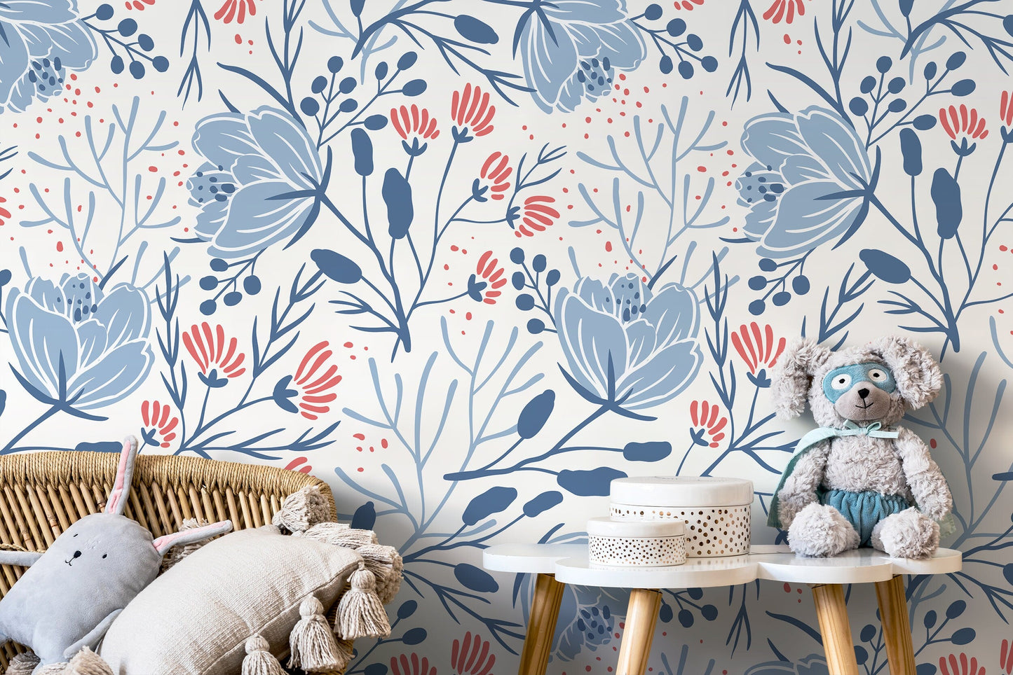 Blue Floral Scandinavian Wallpaper / Peel and Stick Wallpaper Removable Wallpaper Home Decor Wall Art Wall Decor Room Decor - D151