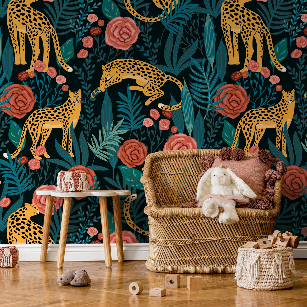 Tiger and Roses Garden Wallpaper / Peel and Stick Wallpaper Removable Wallpaper Home Decor Wall Art Wall Decor Room Decor - D155