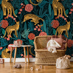 Tiger and Roses Garden Wallpaper / Peel and Stick Wallpaper Removable Wallpaper Home Decor Wall Art Wall Decor Room Decor - D155