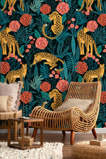 Tiger and Roses Garden Wallpaper / Peel and Stick Wallpaper Removable Wallpaper Home Decor Wall Art Wall Decor Room Decor - D155