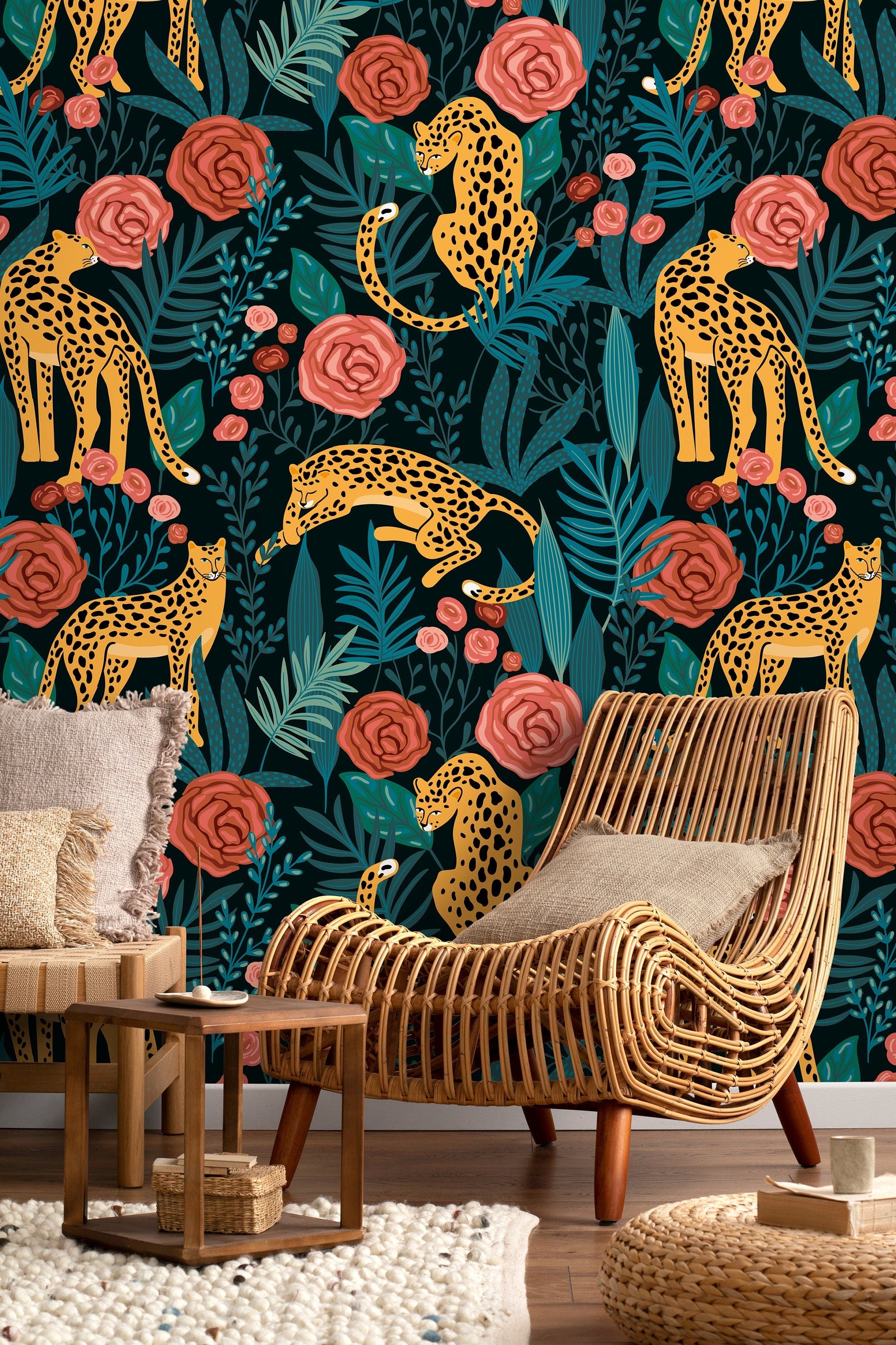 Tiger and Roses Garden Wallpaper / Peel and Stick Wallpaper Removable Wallpaper Home Decor Wall Art Wall Decor Room Decor - D155