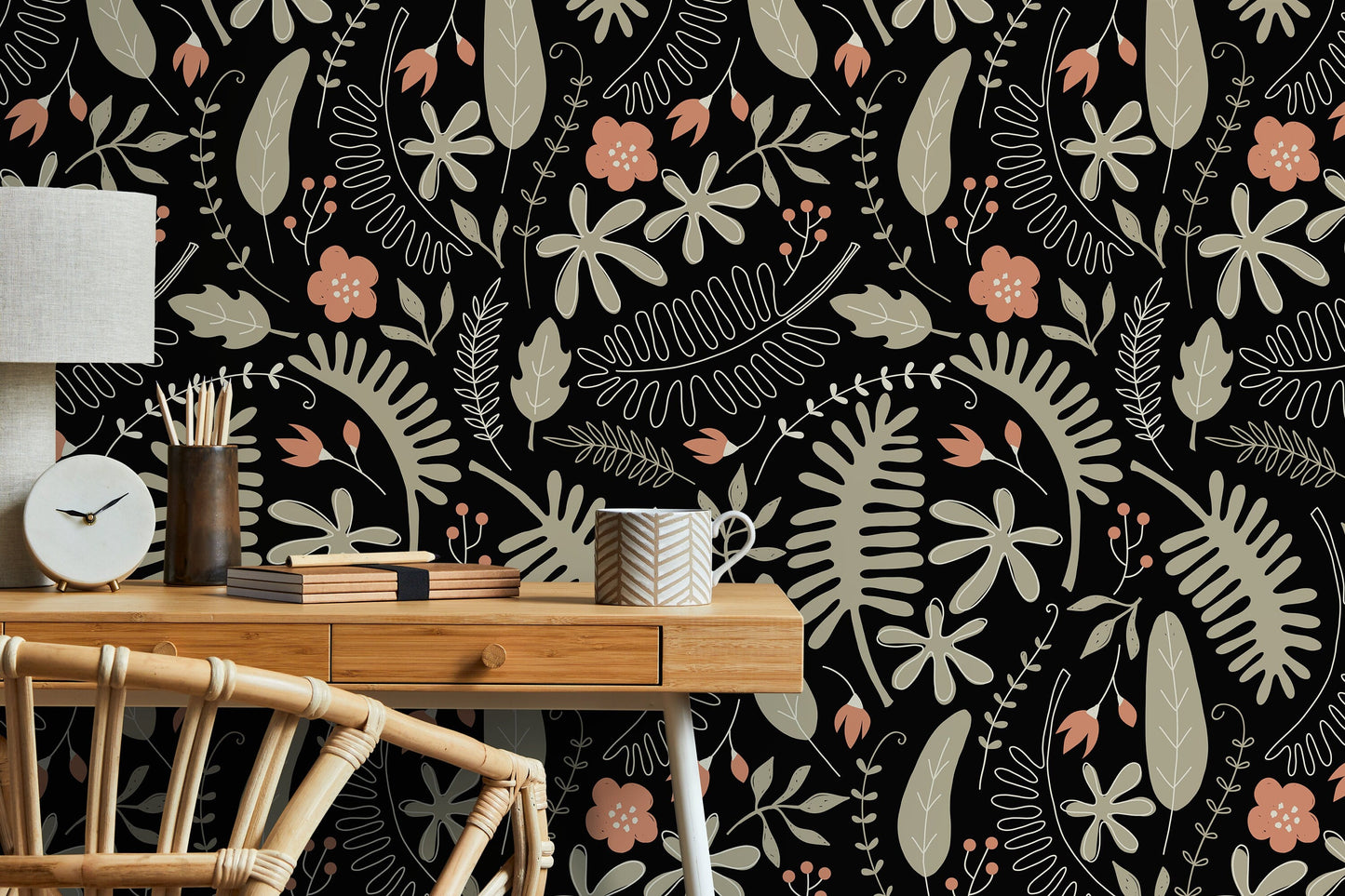 Dark Leaf and Floral Wallpaper / Peel and Stick Wallpaper Removable Wallpaper Home Decor Wall Art Wall Decor Room Decor - D161