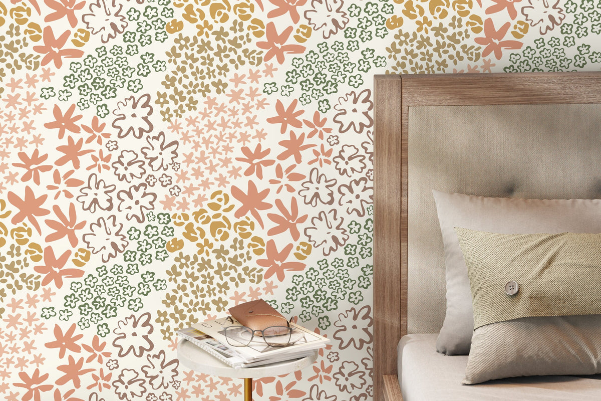 Cute Floral Hand Drawing Wallpaper / Peel and Stick Wallpaper Removable Wallpaper Home Decor Wall Art Wall Decor Room Decor - D166