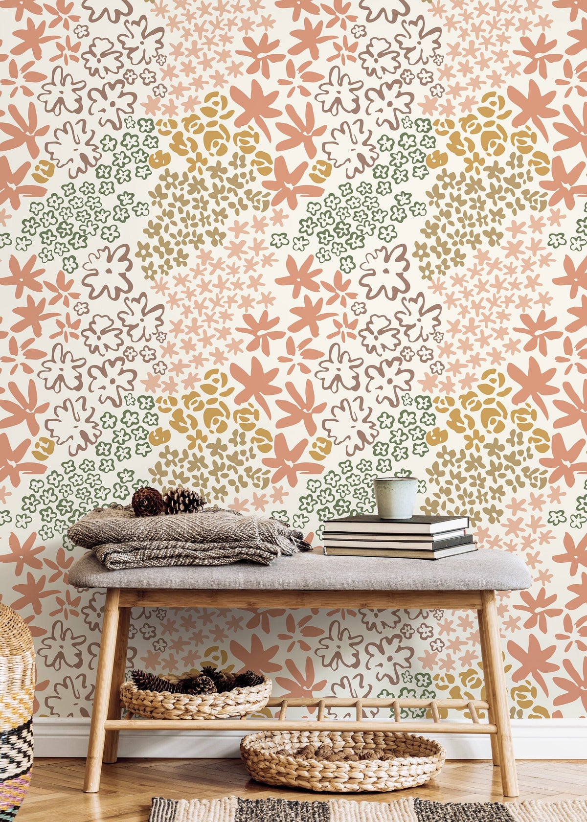 Cute Floral Hand Drawing Wallpaper / Peel and Stick Wallpaper Removable Wallpaper Home Decor Wall Art Wall Decor Room Decor - D166