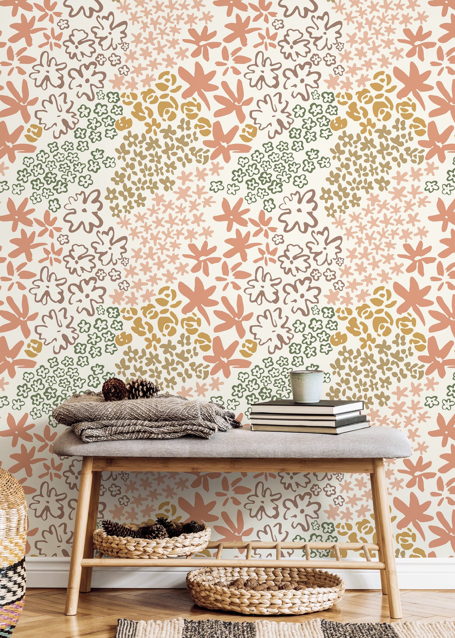Cute Floral Hand Drawing Wallpaper / Peel and Stick Wallpaper Removable Wallpaper Home Decor Wall Art Wall Decor Room Decor - D166