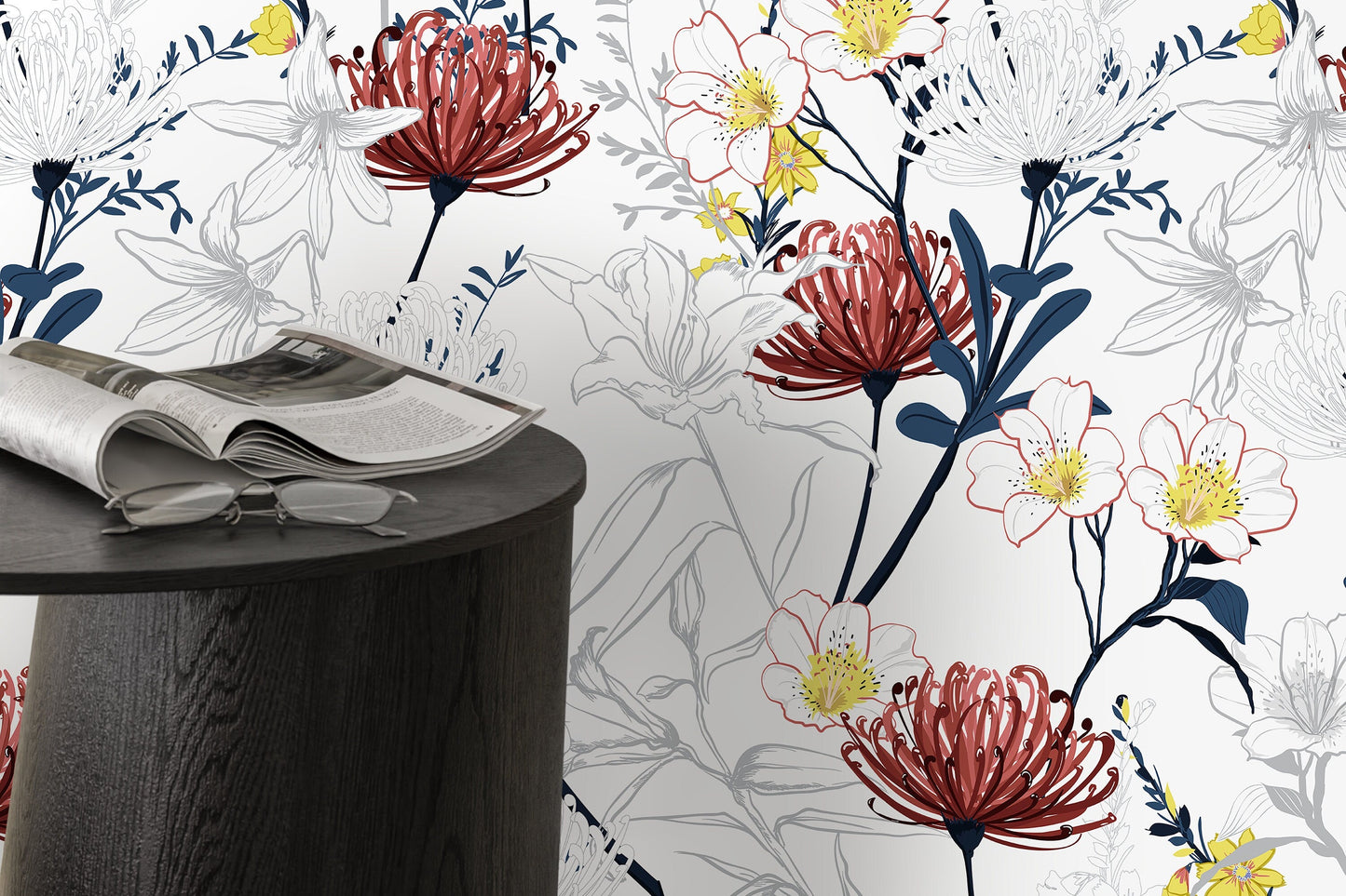 Outline Flowers Wallpaper - Removable Wallpaper Peel and Stick Wallpaper Wall Paper Wall - B432