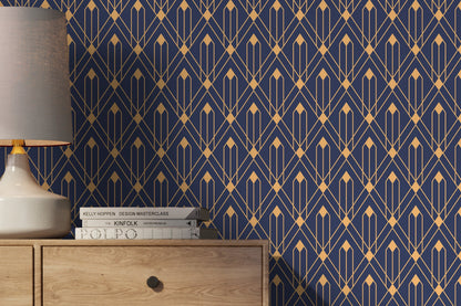Removable Wallpaper Peel and Stick Wallpaper Wall Paper Wall - Art Deco Blue and Non-Metalic Gold Color - B495