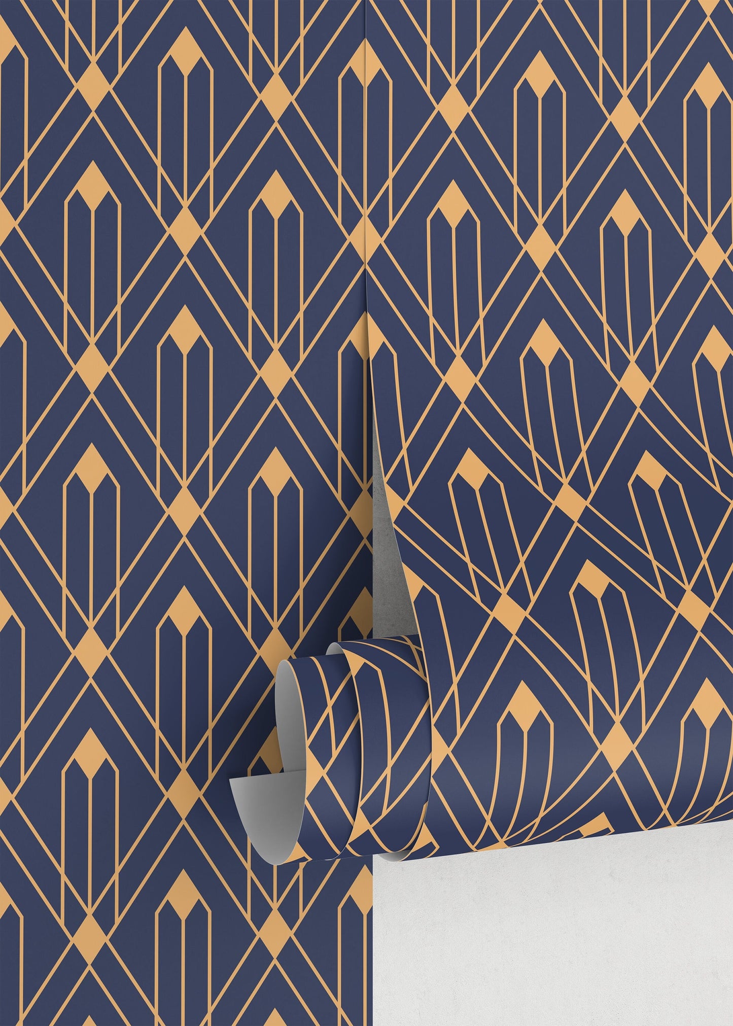 Removable Wallpaper Peel and Stick Wallpaper Wall Paper Wall - Art Deco Blue and Non-Metalic Gold Color - B495