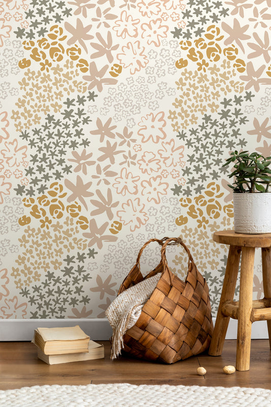 Boho Floral Hand Drawing Wallpaper / Peel and Stick Wallpaper Removable Wallpaper Home Decor Wall Art Wall Decor Room Decor - D167