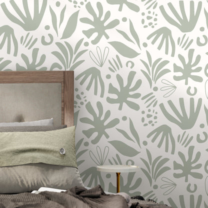 Light Green Abstract Leaf Wallpaper Boho Wallpaper Peel and Stick and Traditional Wallpaper - D681
