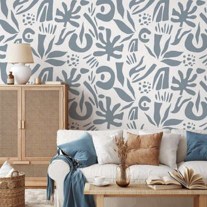 Gray Blue Abstract Leaf Wallpaper Boho Wallpaper Peel and Stick and Traditional Wallpaper - D688