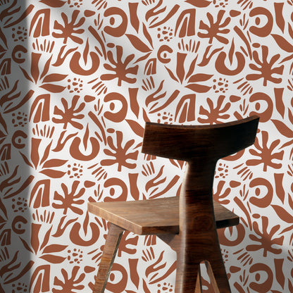 Terracotta Abstract Leaf Wallpaper Boho Wallpaper Peel and Stick and Traditional Wallpaper - D689