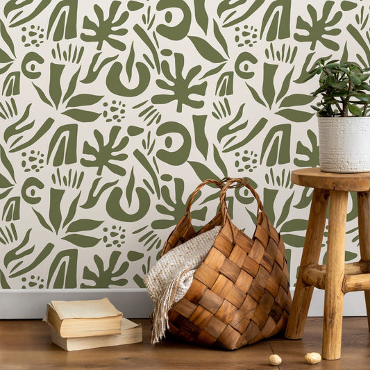 Green Abstract Leaf Wallpaper Boho Wallpaper Peel and Stick and Traditional Wallpaper - D690