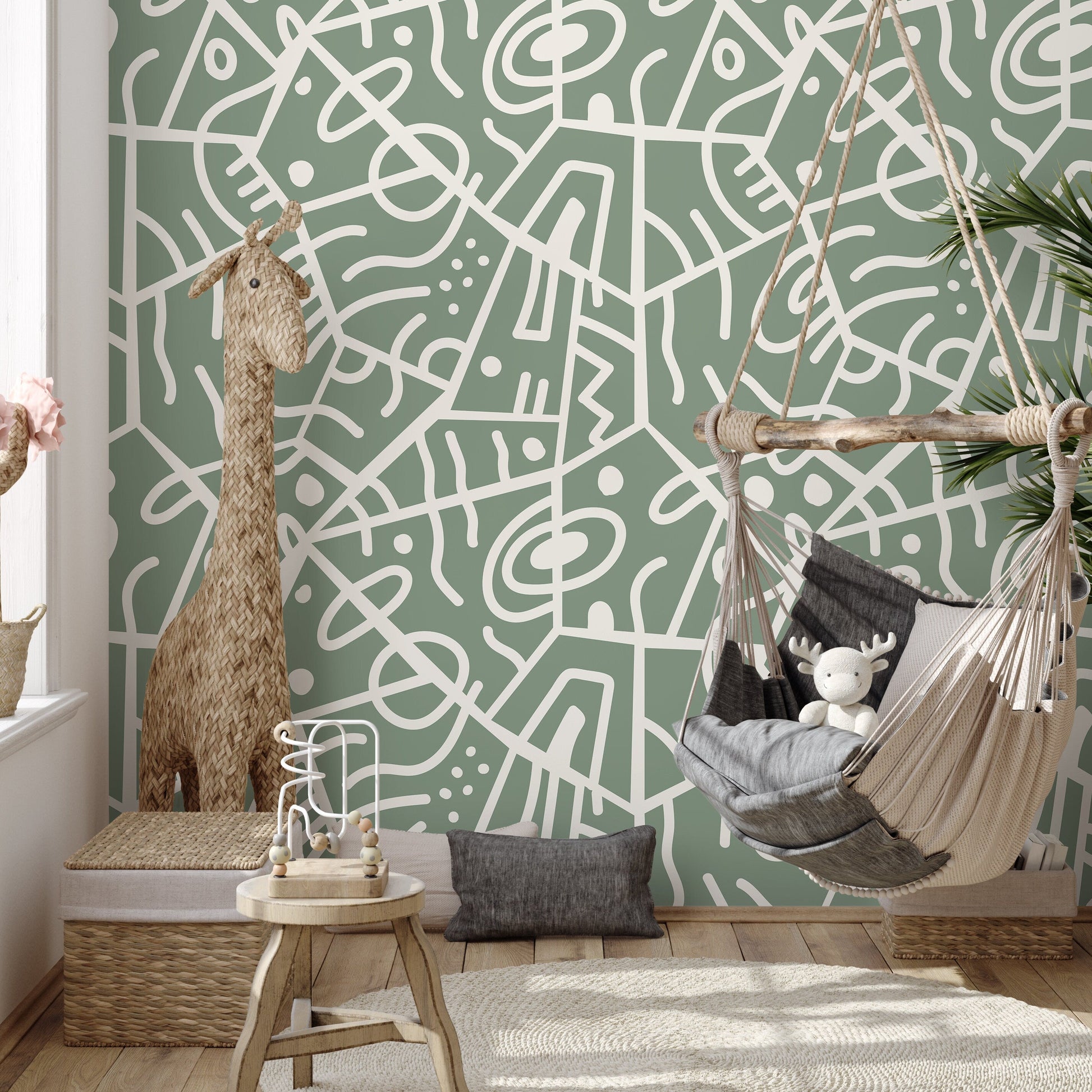 Green Abstract Wallpaper Ethnic Wallpaper Peel and Stick Wallpaper Home Decor - D551