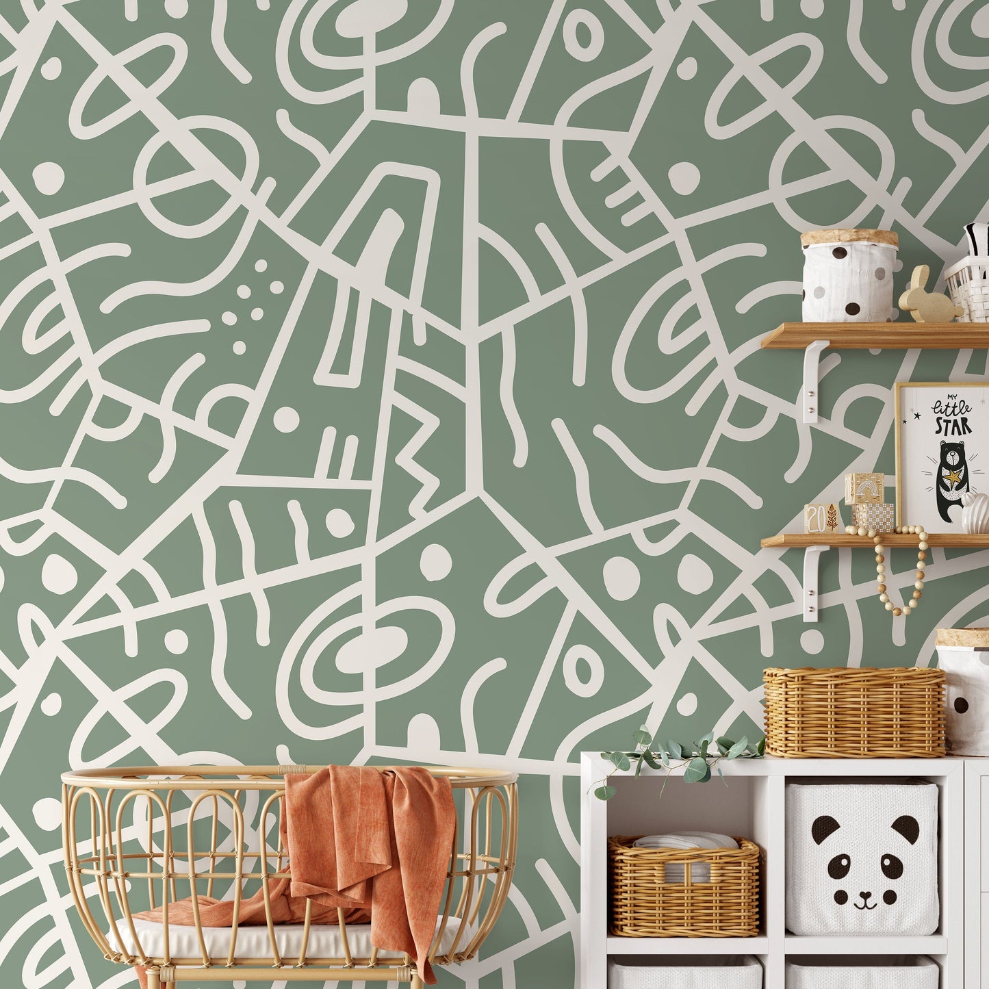 Green Abstract Wallpaper Ethnic Wallpaper Peel and Stick Wallpaper Home Decor - D551