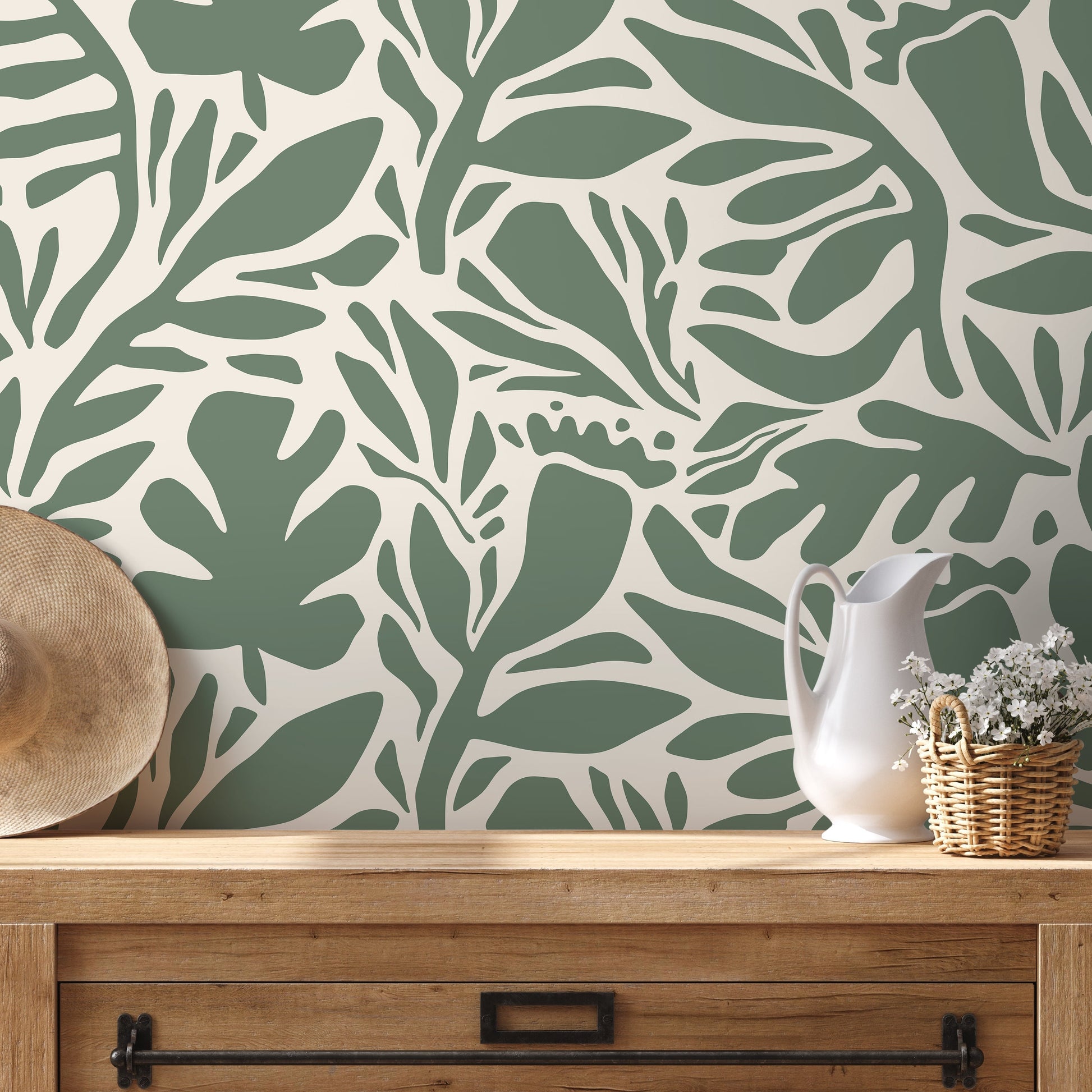 Sage Green Leaves Wallpaper Abstract Wallpaper Peel and Stick and Traditional Wallpaper - D697
