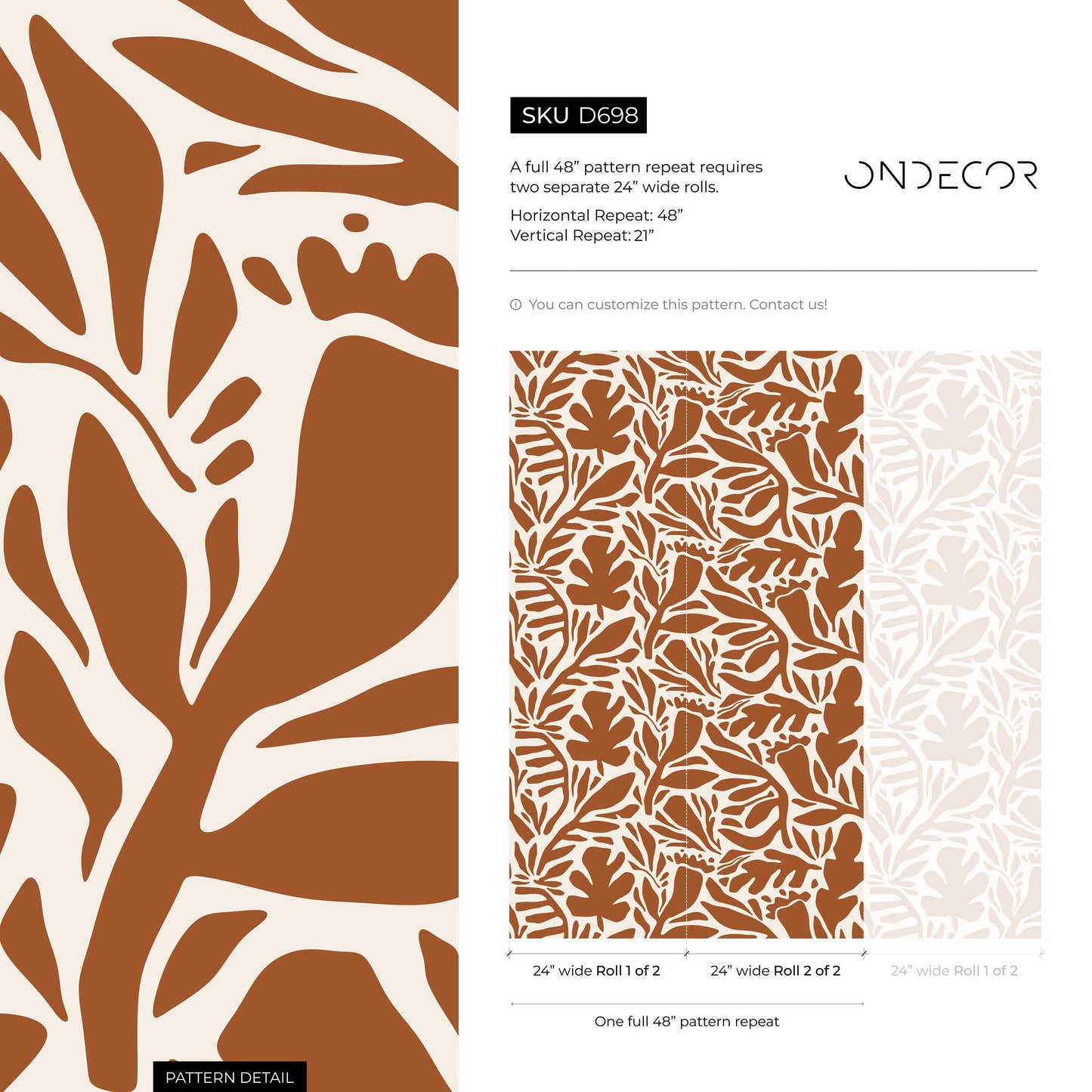 Terracotta Leaves Wallpaper Abstract Wallpaper Peel and Stick and Traditional Wallpaper - D698