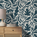 Dark Blue Leaves Wallpaper Abstract Wallpaper Peel and Stick and Traditional Wallpaper - D699