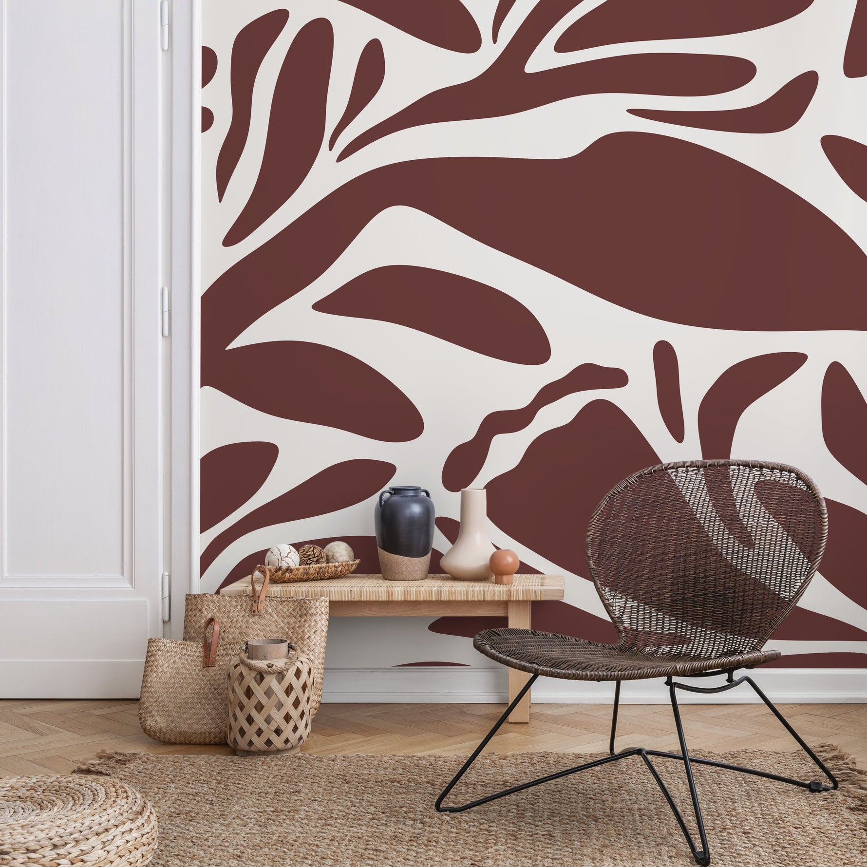 Brown Floral Mural Abstract Wallpaper Peel and Stick and Traditional Wallpaper - D704
