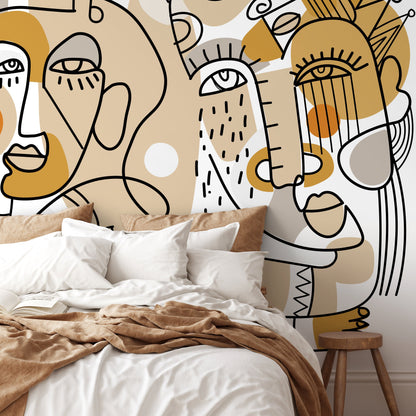 Beige Line Art Faces Wallpaper Abstract Mural Peel and Stick Wallpaper Home Decor - D554