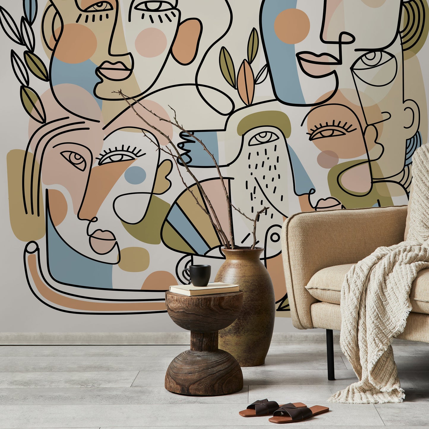 Contemporary Line Art Faces Wallpaper Abstract Mural Peel and Stick Wallpaper Home Decor - D558