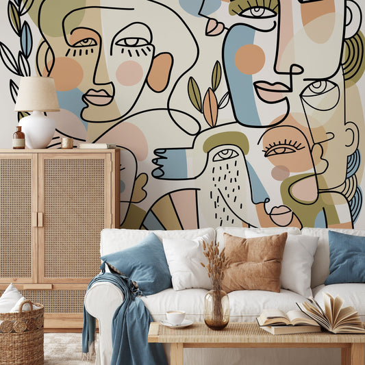Contemporary Line Art Faces Wallpaper Abstract Mural Peel and Stick Wallpaper Home Decor - D558