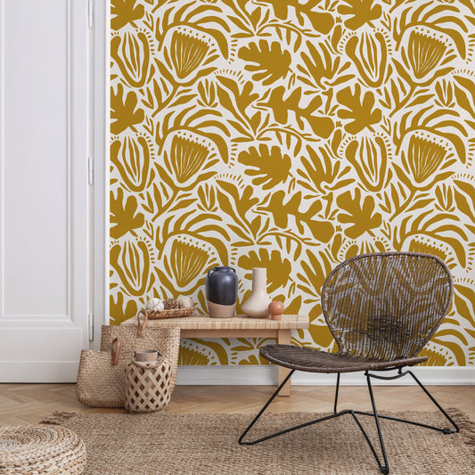Yellow Abstract Floral Wallpaper Modern Wallpaper Peel and Stick and Traditional Wallpaper - D708