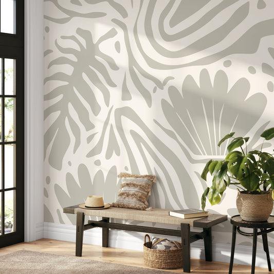 Floral and Leaves Mural Abstract Boho Wallpaper Peel and Stick and Traditional Wallpaper - D716