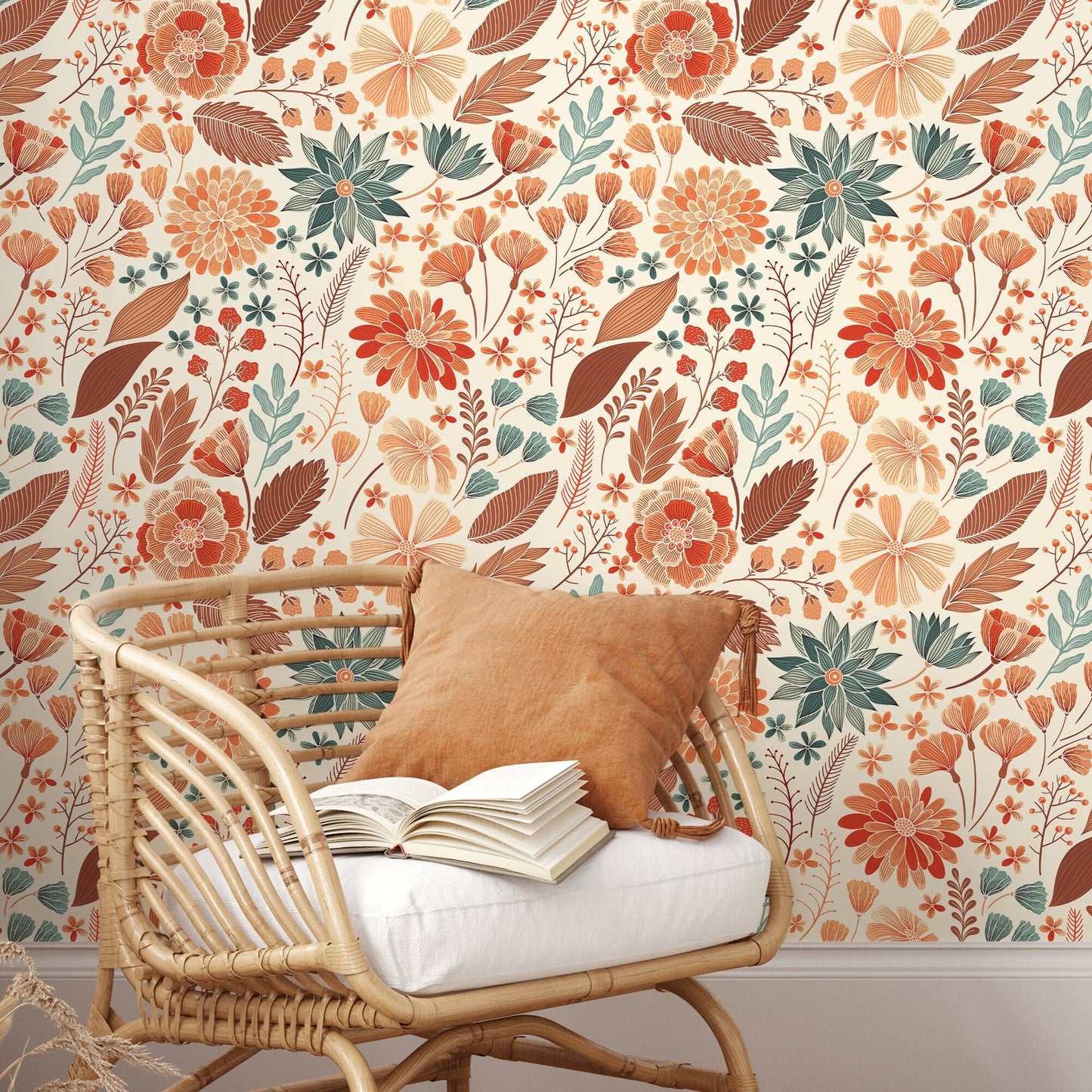 Wallpaper Peel and Stick Wallpaper Removable Wallpaper Home Decor Wall Art Wall Decor Room Decor / Orange Floral Drawing Wallpaper - C310