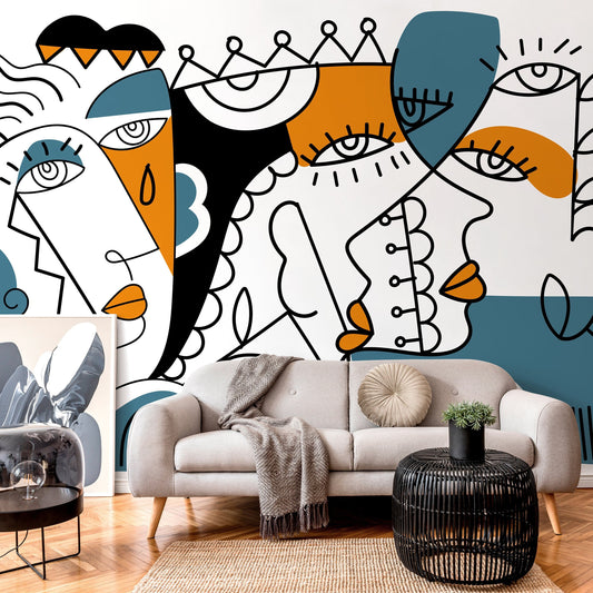 Abstract Faces Wallpaper Modern Mural Peel and Stick Wallpaper Home Decor - D565