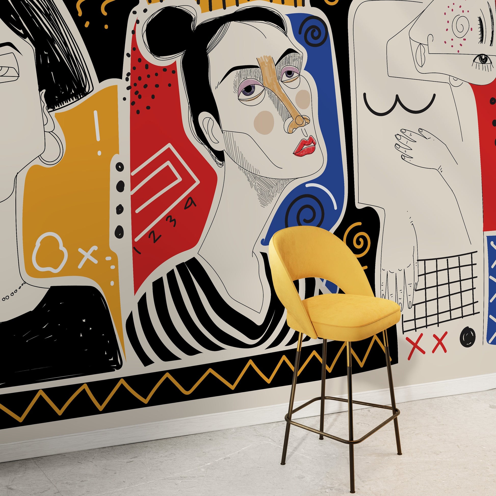 Colorful Abstract Mural Modern Wallpaper Woman Faces Hand Drawing Wallpaper Peel and Stick Wallpaper Home Decor - D579