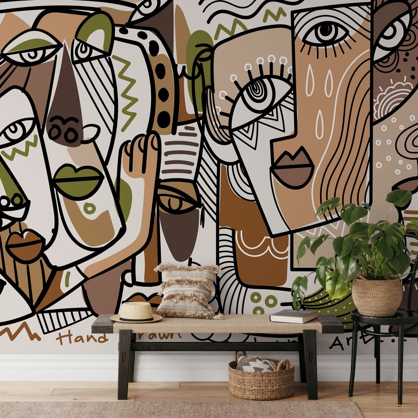 Abstract Mural Line Art Faces Wallpaper Modern Wallpaper Hand Drawing Wallpaper Peel and Stick Wallpaper Home Decor - D581