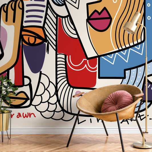 Colorful Abstract Mural Line Art Faces Wallpaper Hand Drawing Wallpaper Peel and Stick Wallpaper Home Decor - D582