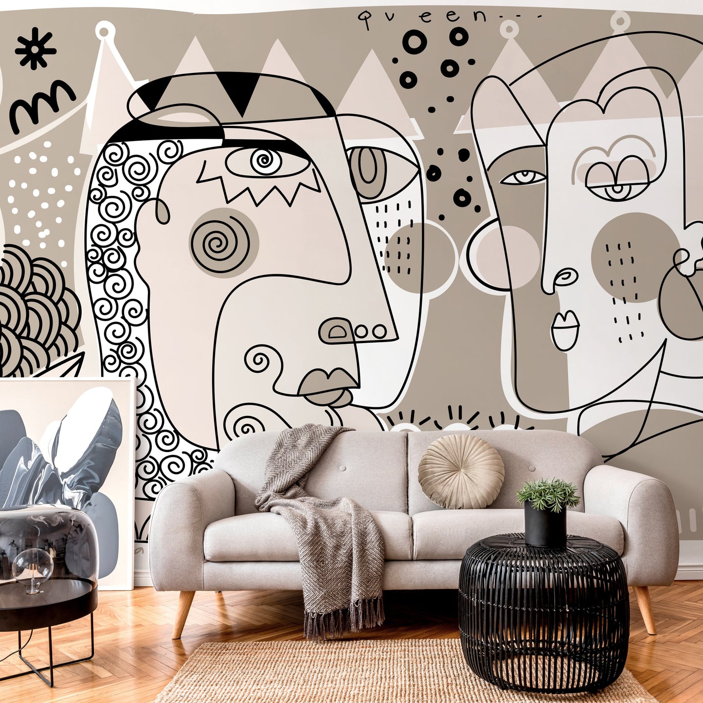 Neutral Line Art Mural Abstract Wallpaper Hand Drawing Wallpaper Peel and Stick Wallpaper Home Decor - D583