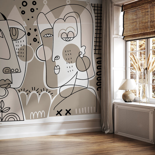 Neutral Line Art Mural Abstract Wallpaper Hand Drawing Wallpaper Peel and Stick Wallpaper Home Decor - D583