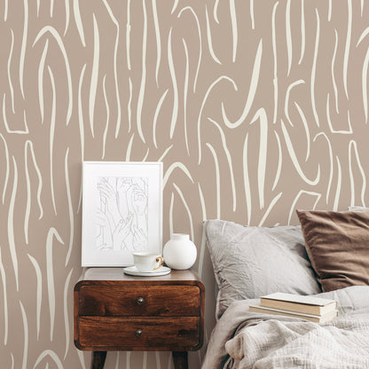 Beige Abstract Leaf Wallpaper Boho Wallpaper Peel and Stick and Traditional Wallpaper - D617