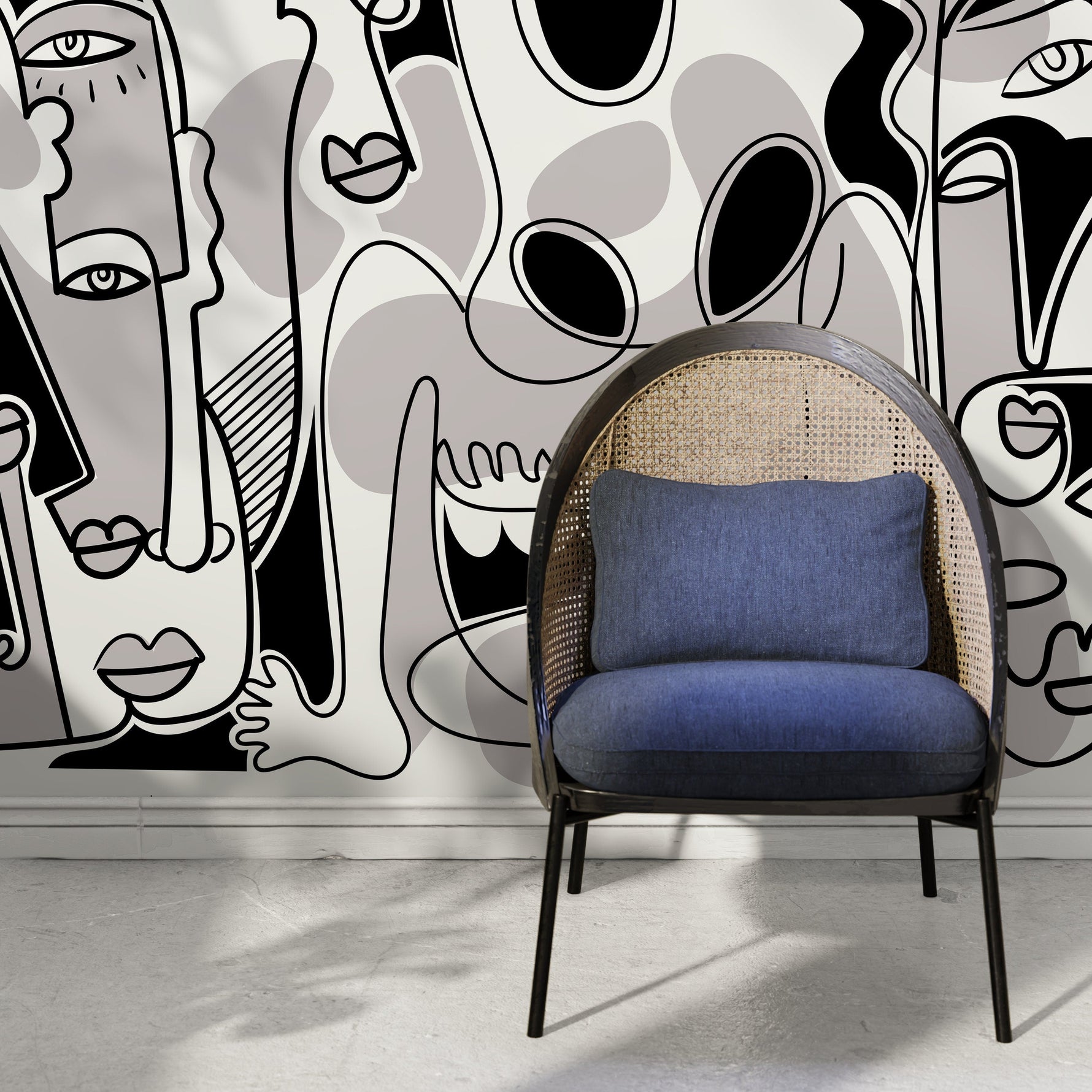 Black and Grey Line Art Mural Abstract Wallpaper Hand Drawing Wallpaper Peel and Stick Wallpaper Home Decor - D588