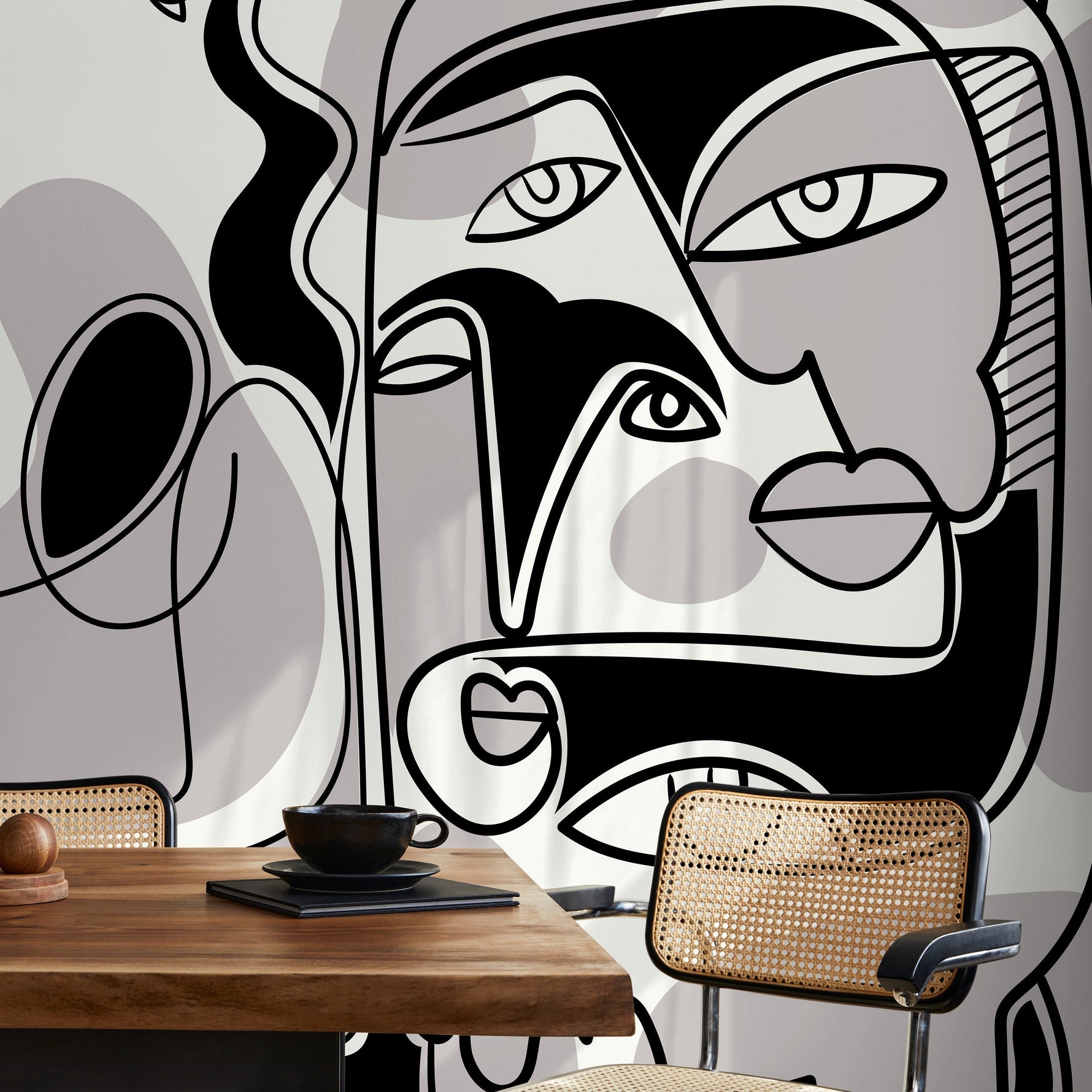 Black and Grey Line Art Mural Abstract Wallpaper Hand Drawing Wallpaper Peel and Stick Wallpaper Home Decor - D588