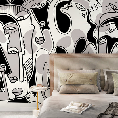 Black and Grey Line Art Mural Abstract Wallpaper Hand Drawing Wallpaper Peel and Stick Wallpaper Home Decor - D588