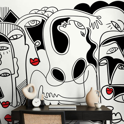 Black and White Line Art Mural Abstract Wallpaper Hand Drawing Wallpaper Peel and Stick Wallpaper Home Decor - D589