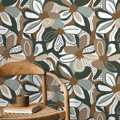 Taupe Floral Wallpaper Fun Wallpaper Peel and Stick and Traditional Wallpaper - D658