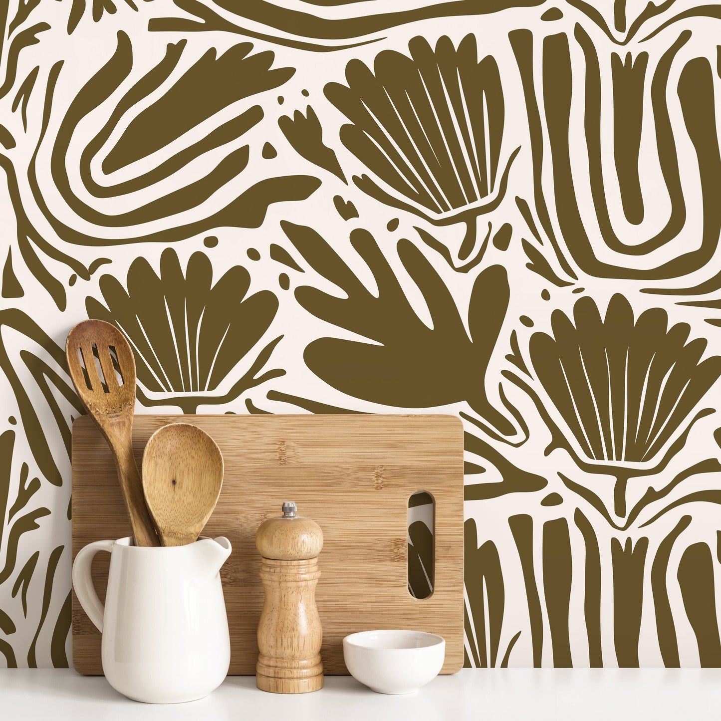 Olive Green Floral Abstract Wallpaper Modern Wallpaper Peel and Stick and Traditional Wallpaper - D661