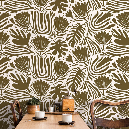 Olive Green Floral Abstract Wallpaper Modern Wallpaper Peel and Stick and Traditional Wallpaper - D661