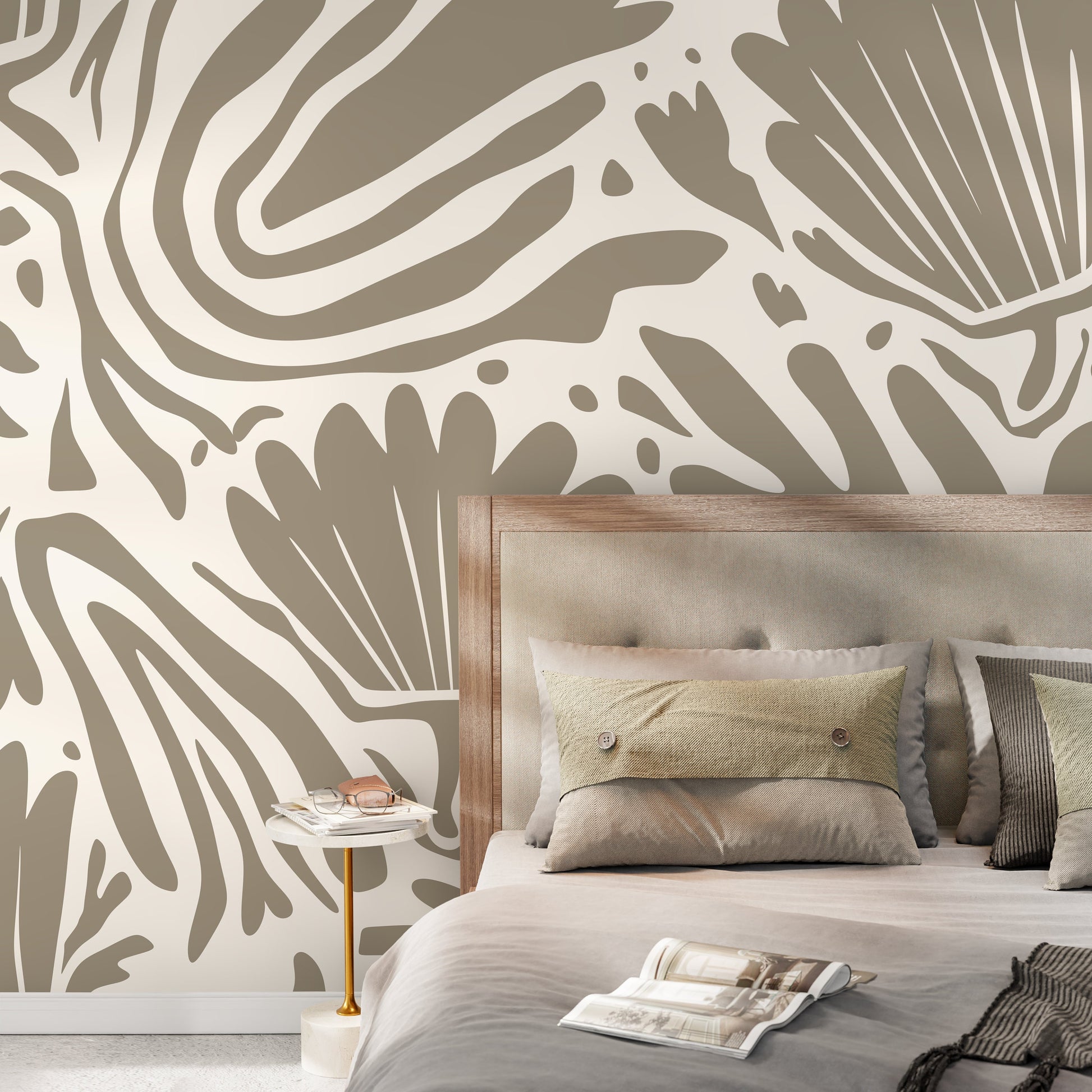 Beige Floral Abstract Wallpaper Large Modern Mural Peel and Stick and Traditional Wallpaper - D663